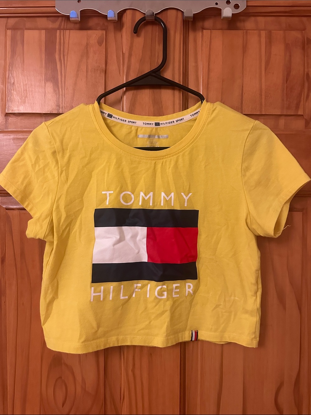 Tommy Hilfiger Yellow Logo Crop Tee with Flag Graphic
